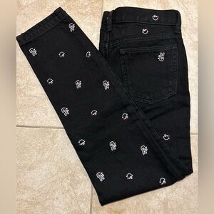 Tommy Hilfiger Girls Taper Leg Jeans Sz 16 Black White Embroidered Peace Smiley